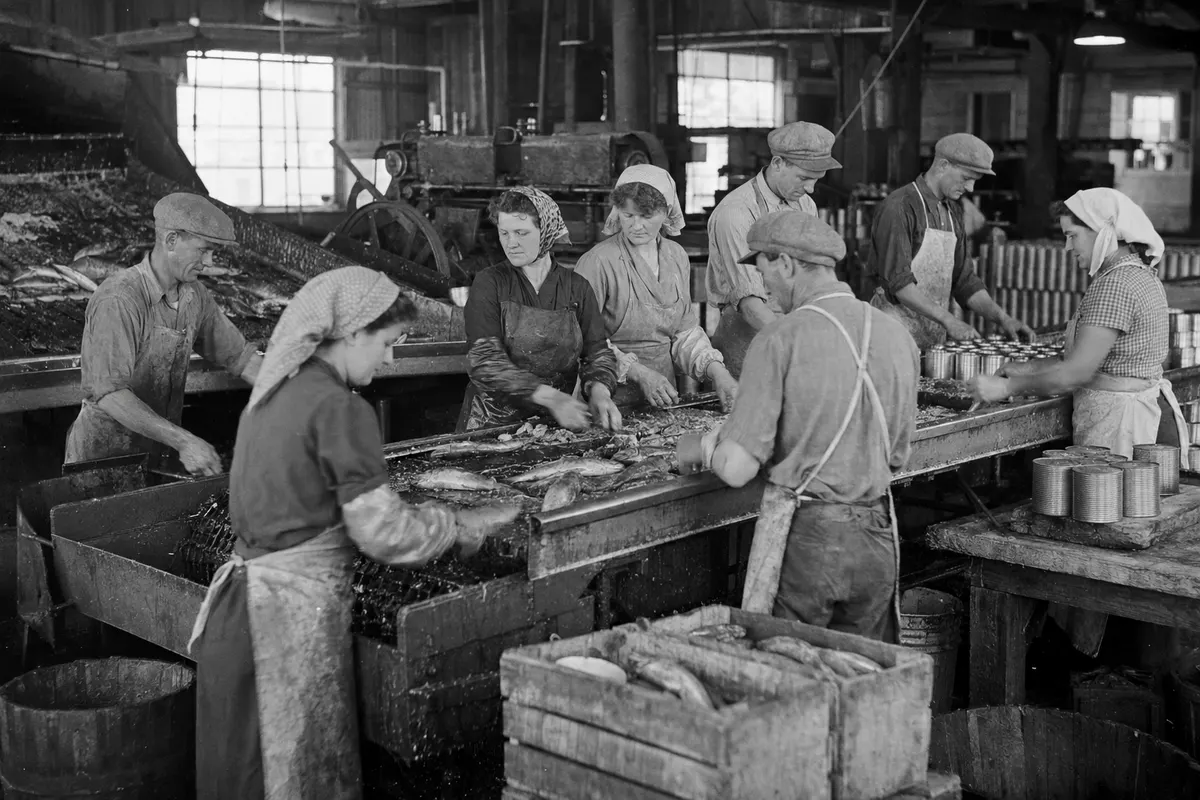 Red Fox Canning Co. workers on the floor, early 1960s