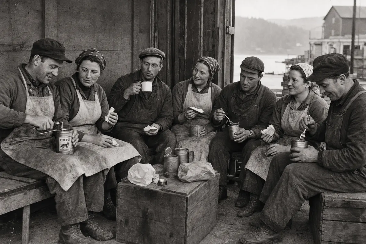 Workers eating canned goods during a break at the docks